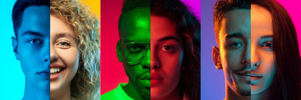 Symbolbild für Gendermedizin. Portraitcollage mit multiethnischen Männern und Frauen auf farbigem Hintergrund.
Foto von shutterstock_2056523312